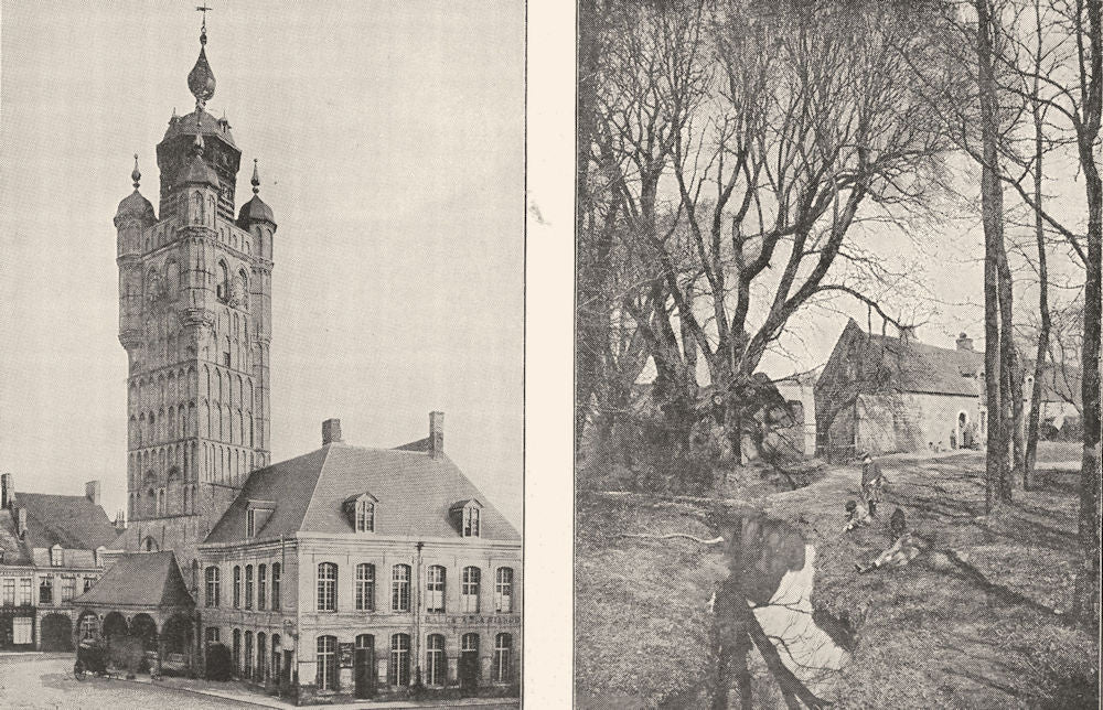 NORD. Beffroi Bergues; Ferme Hesdigneul, Près Boulogne- sur- Mer 1900 print